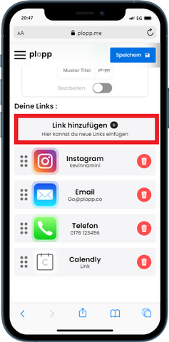 Wird gezeigt wo man auf der Benutzerseite von Plopp einen Link hinzufügen kann.