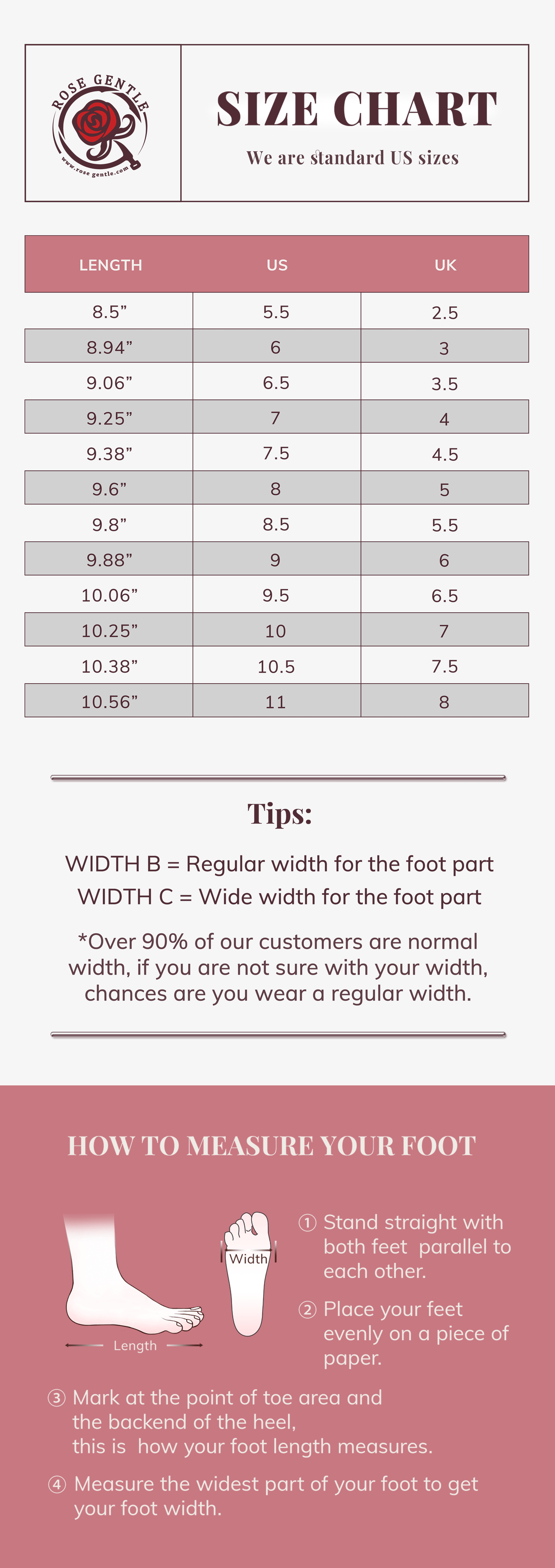 rose gentle size chart