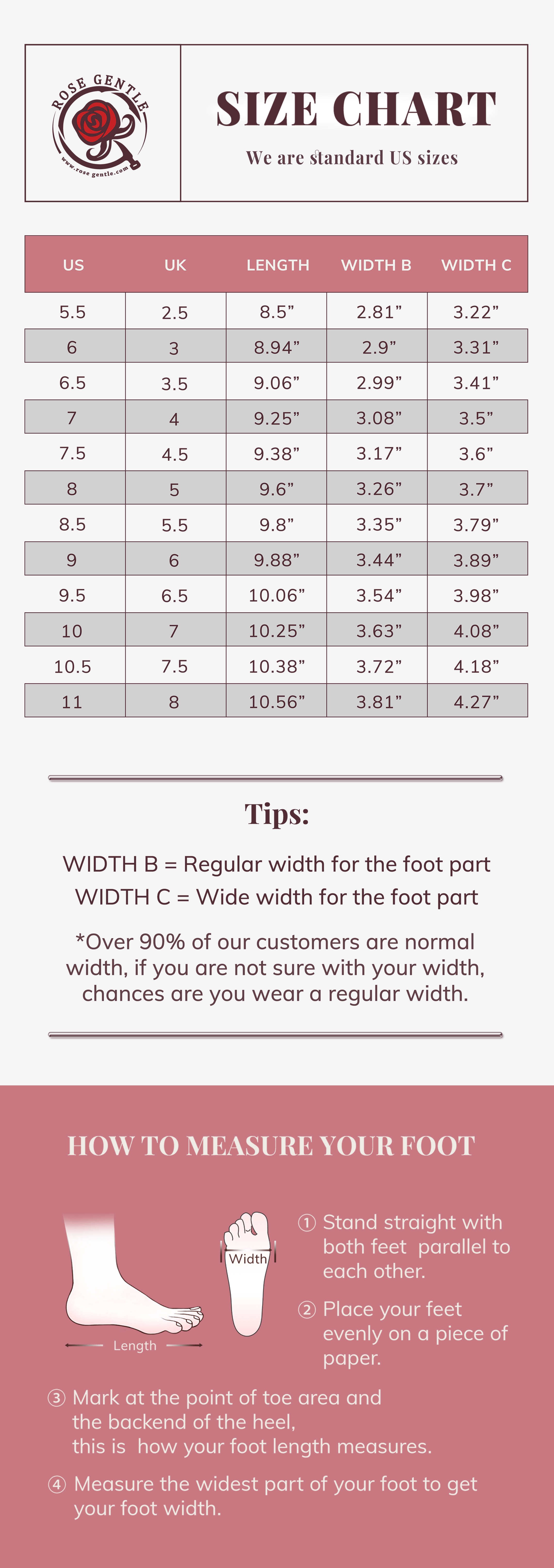 rose gentle size chart for chunky heel snip toe boots