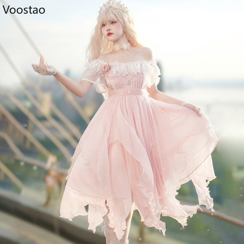 Lolita Princess OP Dress Women Elegant Sweet Rose Lace Pearl Chain Pin ...