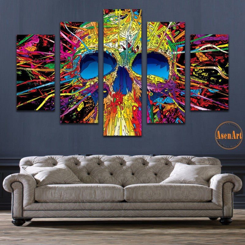5 Panel Wall Art Canvas Prints Colorful Skull Paintings Wall Pictures ...