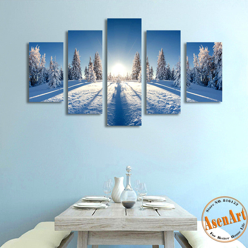 5 Panels Beautiful Nature Snow Winter Landscape Picture Canvas Print S ...