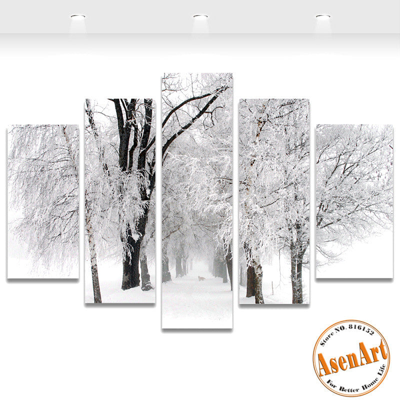 5 Panel Wall Art Winter Snow Paintings Modern Tree Painting Picture fo ...
