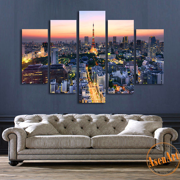 5 Panel Wall Art Japan Tokyo Tower City Landscape Painting Canvas Prin ...