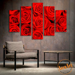 5 Panel Wall Art Romantic Red Rose Picture For Wall Decor Canvas Print Ellaseal