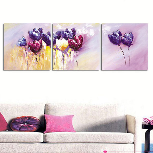 3 Pcs/set Abstract Purple Flower Wall Art Painting Prints on Canvas Fl ...
