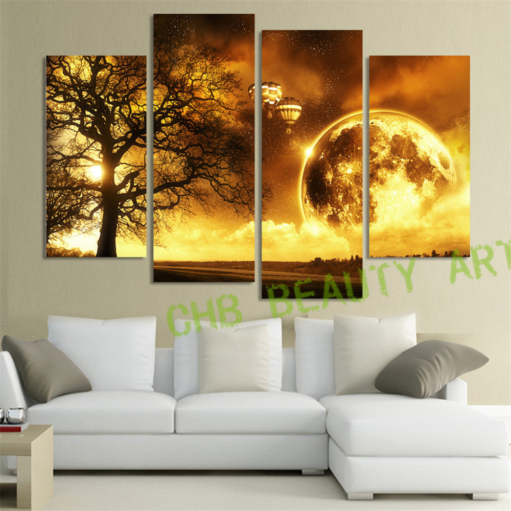 4 Panel Gold Moon Tree Printed Painting Universe Space Canvas Picture ...