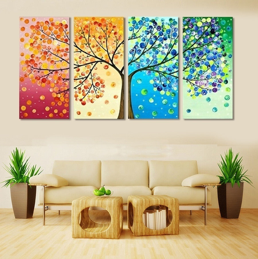 4 Piece Frameless Colourful Leaf Trees Canvas Painting