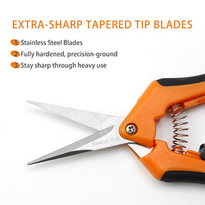 Premium stainless steel precision-sharpened blades.Nice bright color so you can find them easily in your garden.