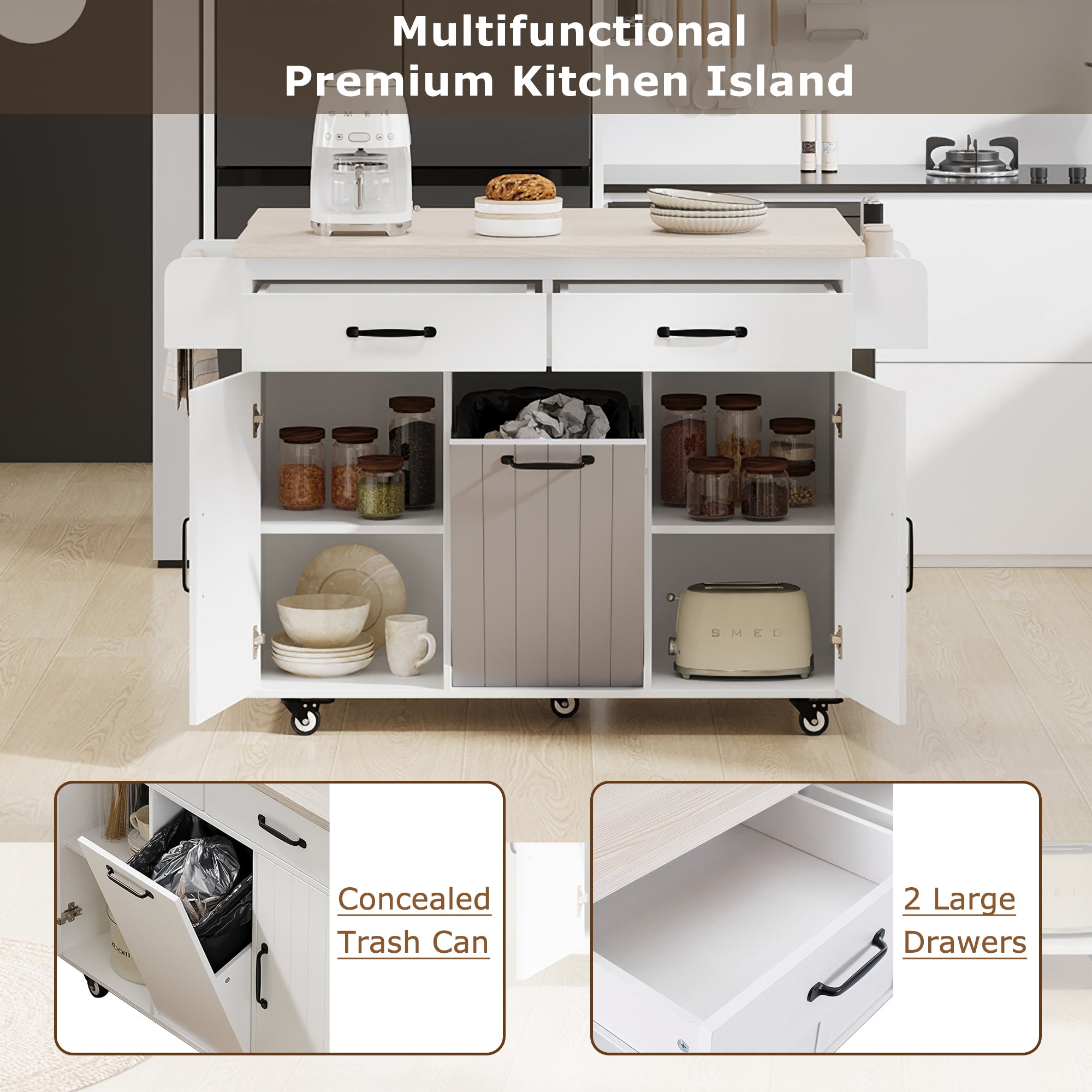K&K Kitchen Island with Trash Can Storage Cabinet, Drop Leaf, Spice Rack, Towel Rack, Drawer, Rolling Kitchen Cart on Wheels with Adjustable Shelf, White