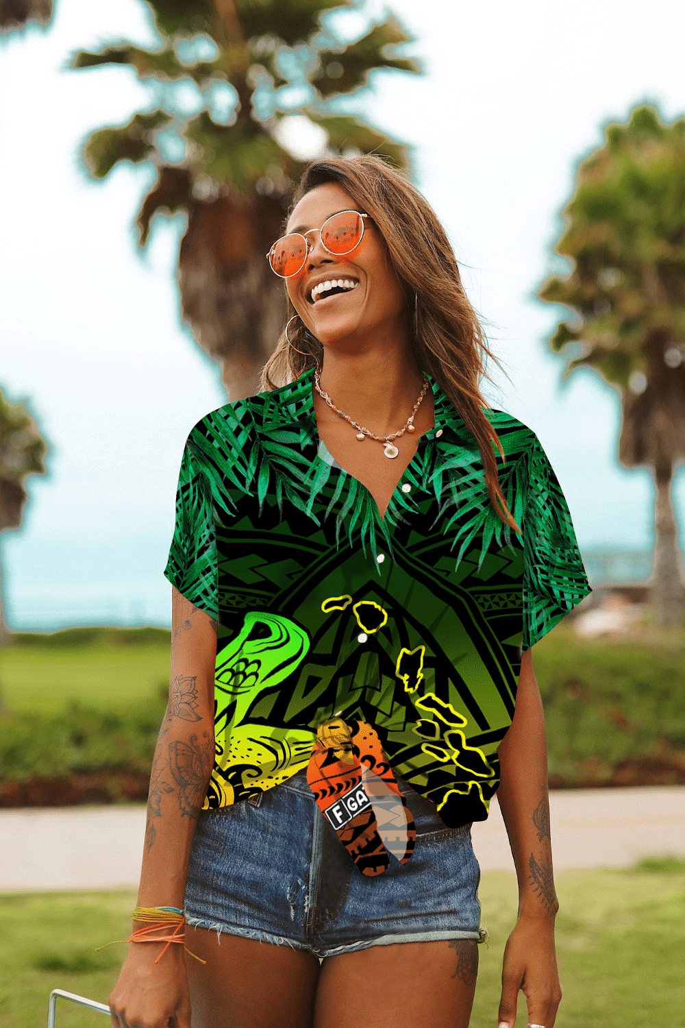 Hawaiian Aloha Shirt for Women, Hawaii Fern Leaves Polynesian Design Melio Style Hawaii Shirt