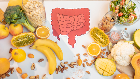 Foods that are good for your digestive health such as berries, bananas, other fruits and vegetables