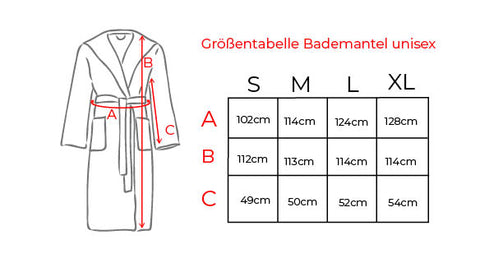 Größentabelle Bademantel unisex VOSSEN Texas