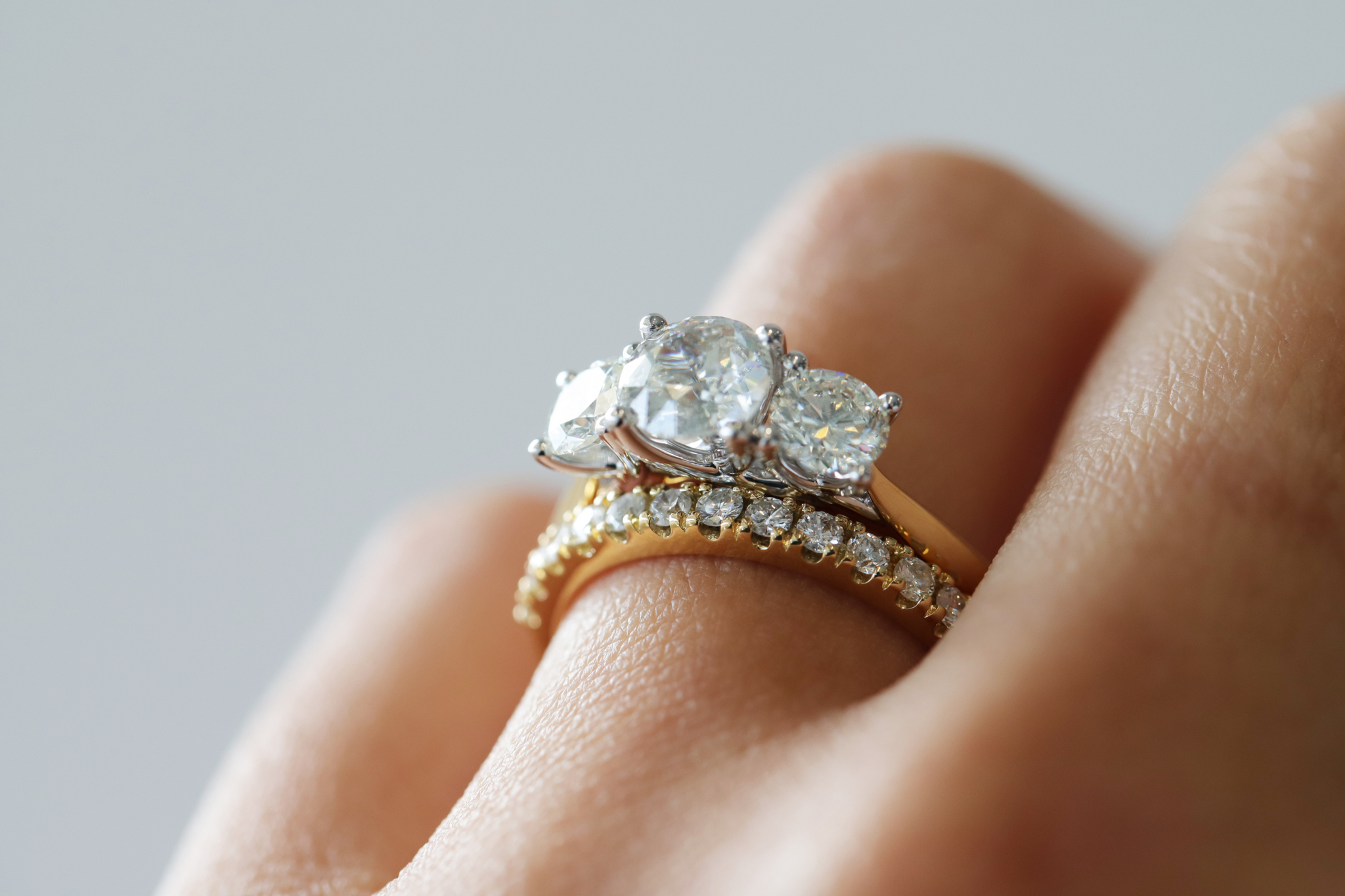 Olivia lab grown diamond engagement ring paired with a diamond wedding ring