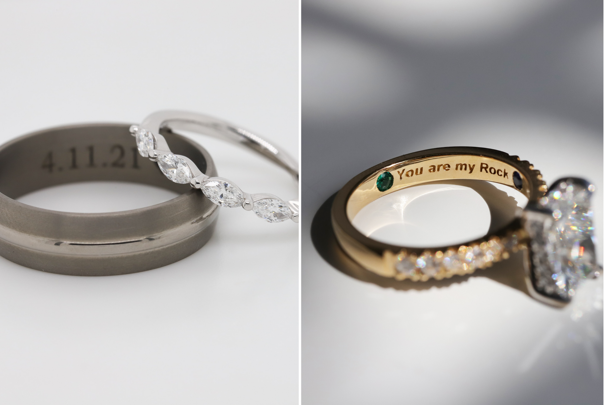 Engraved wedding ring and engagement ring