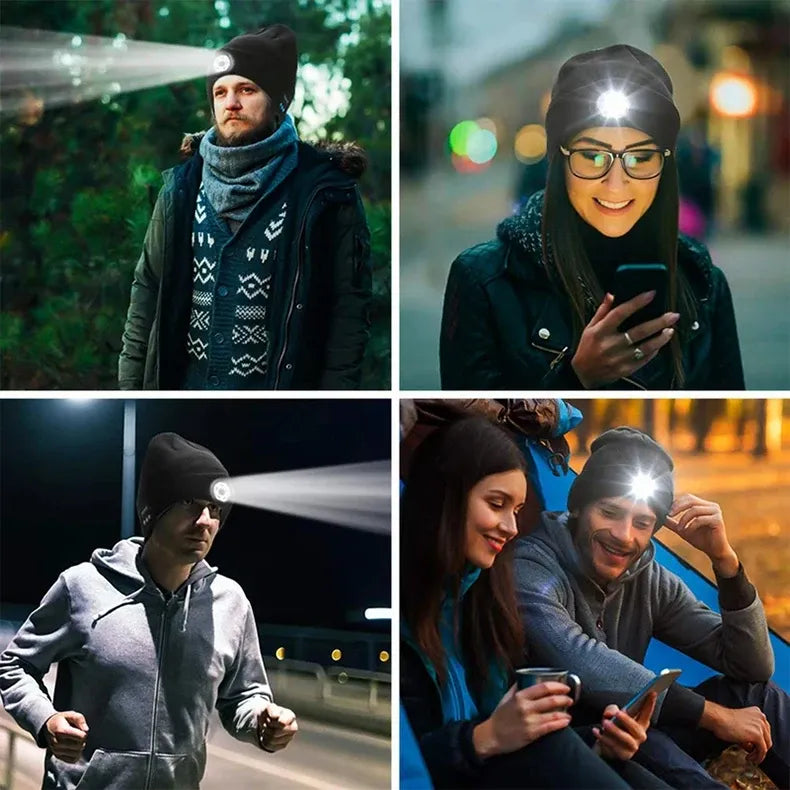 Four scenes showing people using led bluetooth music hat
