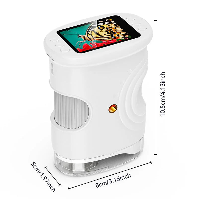 kids handheld digital microscope white version with display screen showing butterfly close up