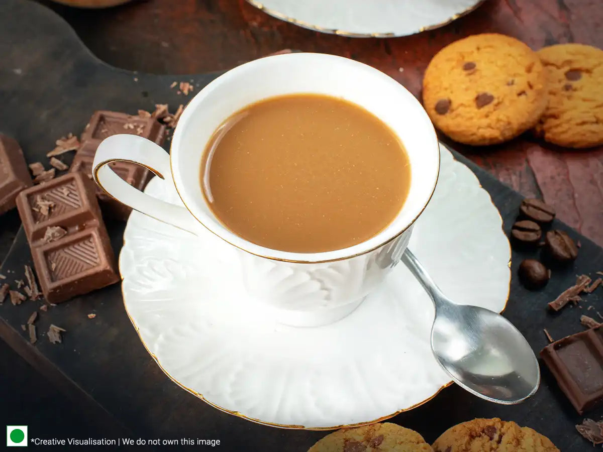A table with tea and cookies beside a coffee cup.