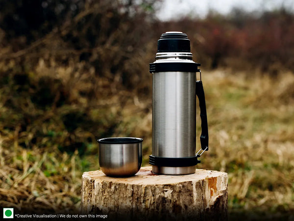 vacuum flask against a forest background
