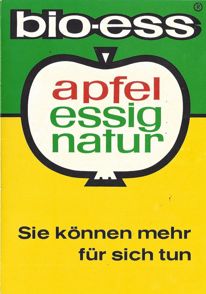 gelb-grünes apfelessig plakat aus den 1960er Jahren mit apfel grafik