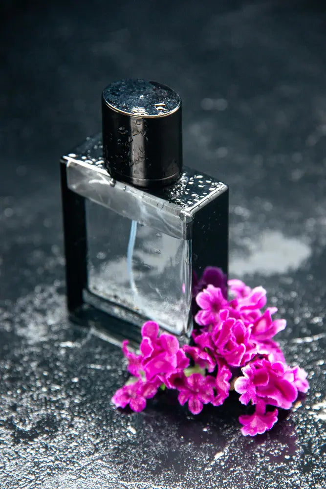 front-view-expensive-fragnance-with-flowers-dark-background-color-perfume-gift-present-love-marriage-scent-flower