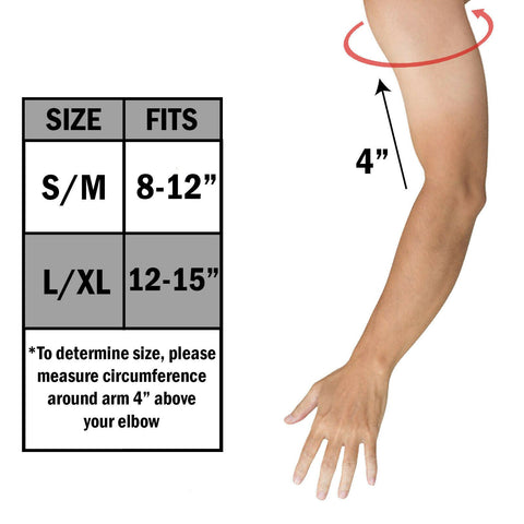Size chart for an elbow compression sleeve