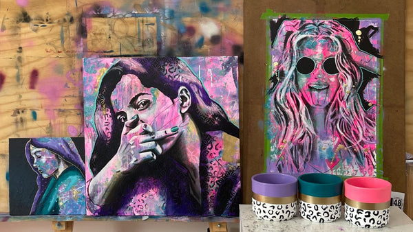three paintings in the studio hot pink black, purple women with attitude art in Melbourne Criss Chaney milan art institute mastery program