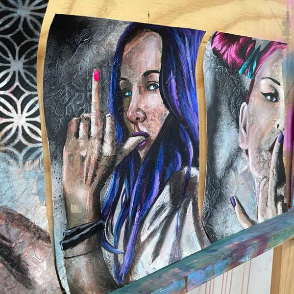 mini paintings of colourful women with bright pink and purple hair women flipping the bird