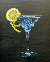 Realistic oil painting of a blue martini glass with lemon wall art