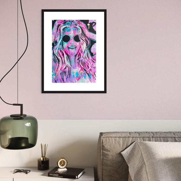 hot pink and black painting of a woman with wavy hair sticking her tongue out wearing sunglasses