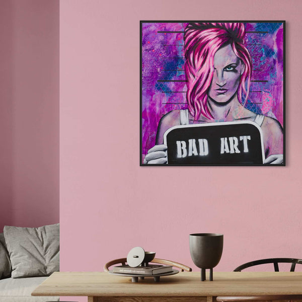 pink painting of a woman at a line up with hot pink hair holding a sign that says rich bitch