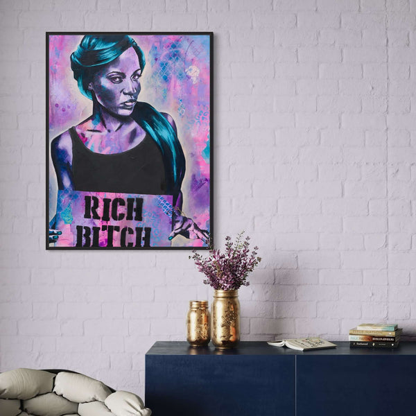 purple painting of a black woman holding a sign that says rich bitch