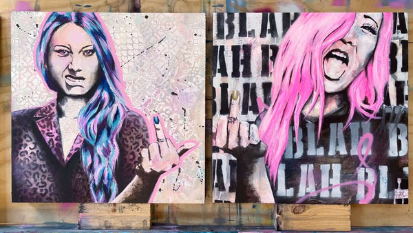 street art style pink paintings of women flipping the bird