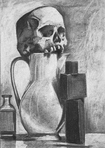 charcoal drawing of a still life with skull and cross, milan art institute mastery program