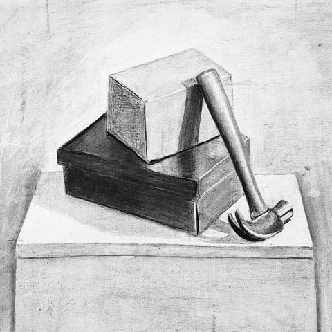 charcoal still life of boxes and hammer milan art institute mastery program