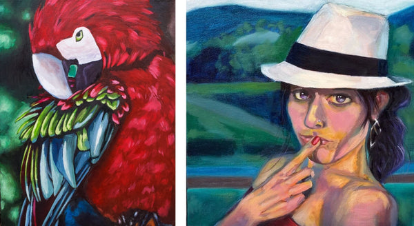 oil painting of parrot and portrait comparing week 1 to week 12 of the mastery program