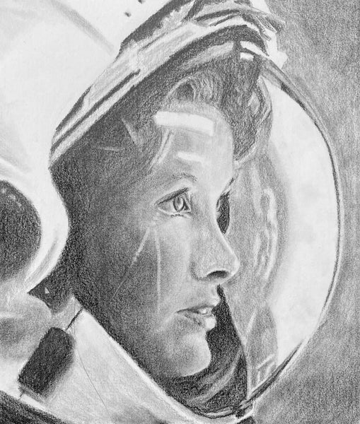 realistic graphite drawing of female astronaut Anna Fisher Milan Art Institute Mastery Program Review