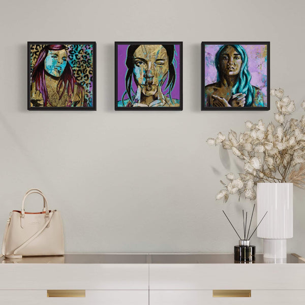 three small paintings of women with attitude in gold, teal and purple