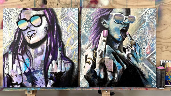purple painting of a woman with purple hair and sunglasses melbourne street art style paintings by criss chaney