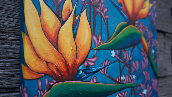 art commissions melbourne, flower painting, birds of paradise, kangaroo paw painting,, commissioned artwork painting, artist commissions melbourne, commission painting