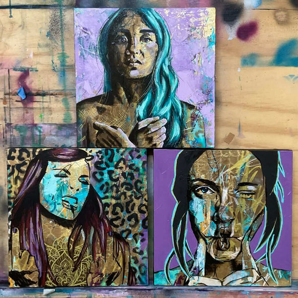 three paintings of women with attitude in gold teal and purple