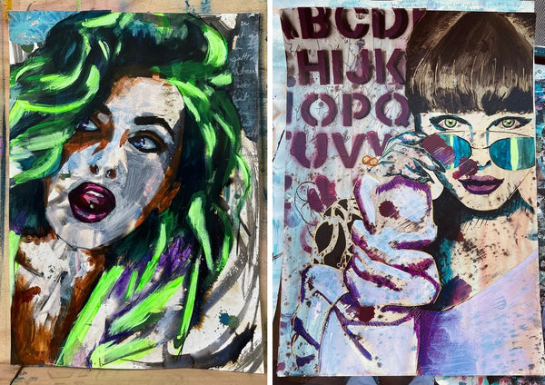 mixed media painting with inks, acrylic and oil paints two colourful women