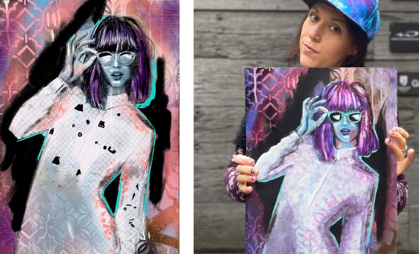 spray paint and pils painting of a woman with purple hair