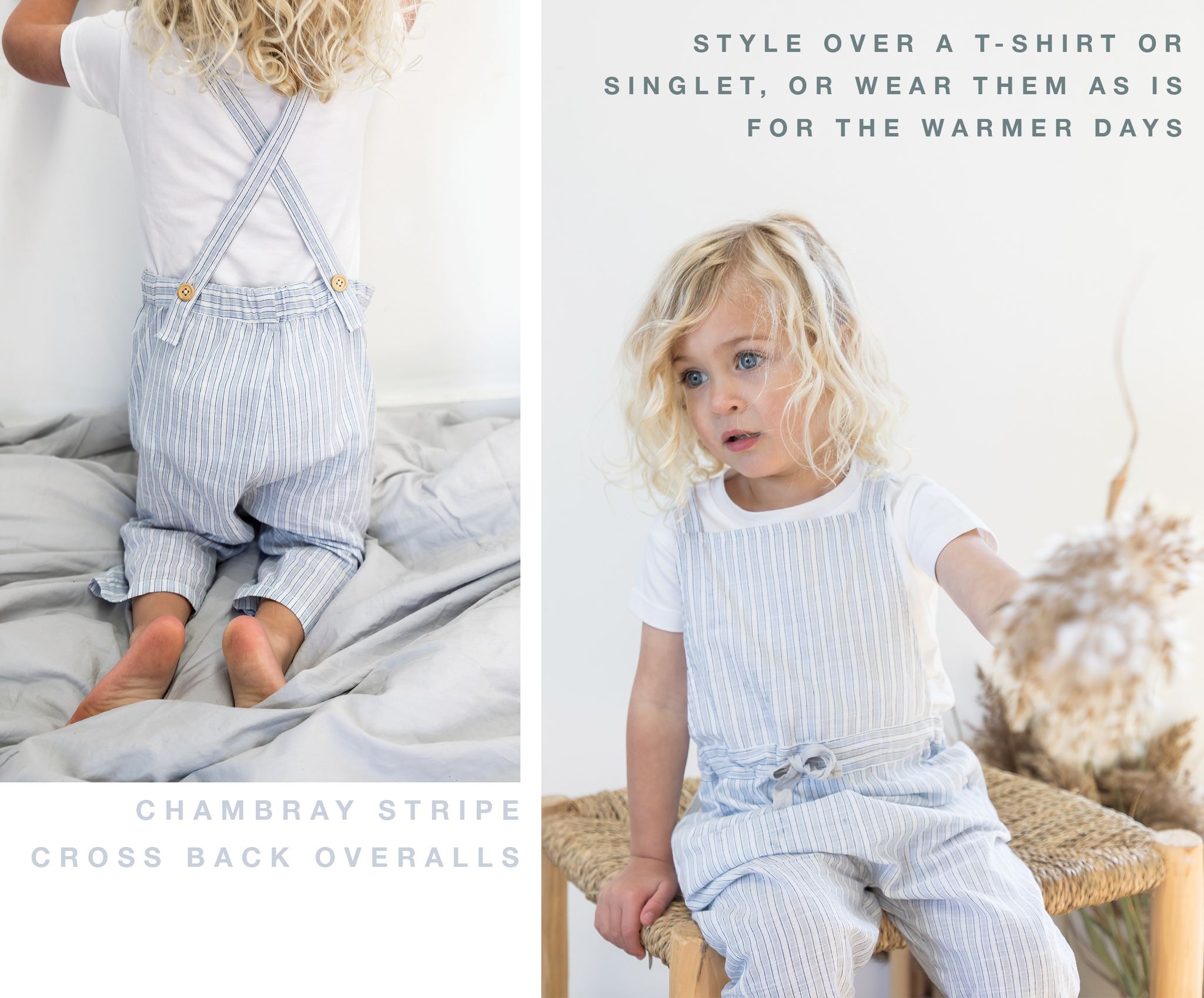 chambray stripe cross back overalls