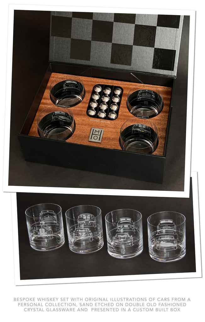 Dwight Knowlton bespoke etched whiskey bourbon glass set