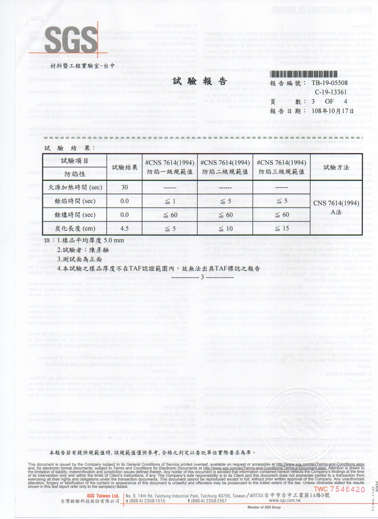 Naxhorn SGS檢驗報告 表三：防焰一級