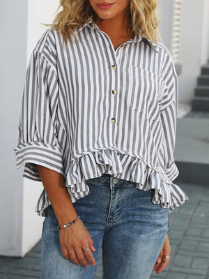 Striped Ruffle Hem Button-Up Shirt - The Bargains Depot