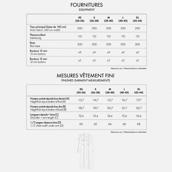 AtelierBrunetteLaRobeChemiseSewingPatternSizeChart