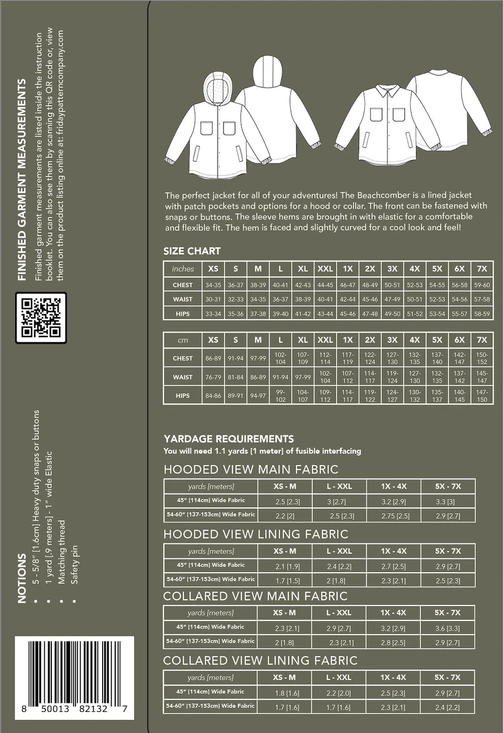 FridayPatternCompanyMen sBeachcomberJacketSewingPatternSizeChart