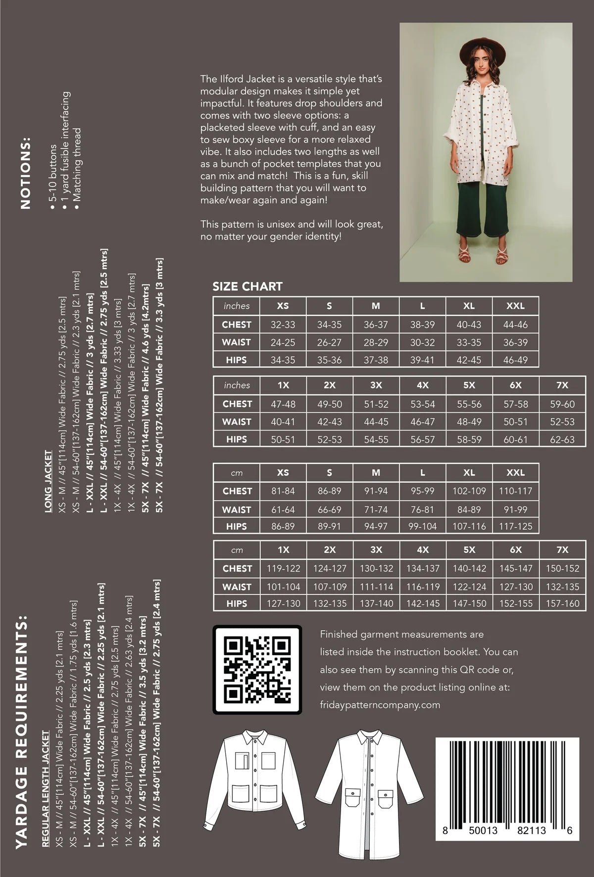 Friday pattern Company Ilford Jacket Sewing Pattern Size Chart